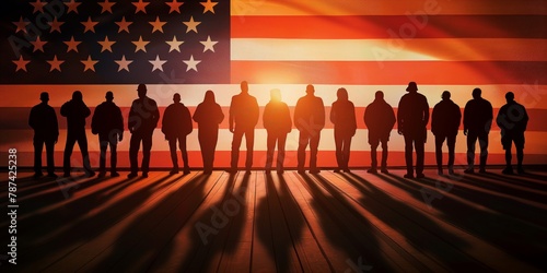 Diverse group of people standing together in silhouette against an American flag at sunset