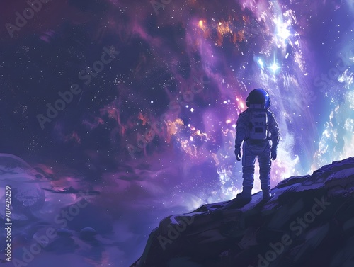 Lone Astronaut Gazing into the Boundless Cosmic Expanse Captivated by the Ethereal Beauty of a Distant Nebula Shimmering Amidst the Star Studded Void