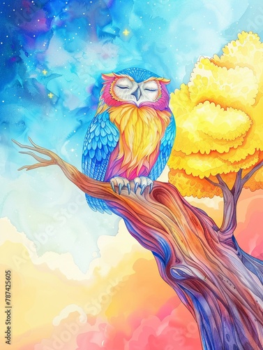 A watercolor painting of an owl with bright rainbow feathers sitting on a branch under a starry night sky.