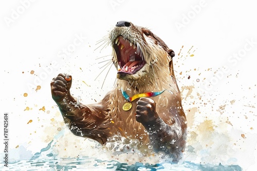 A watercolor painting of an otter celebrating its victory in a swimming competition.