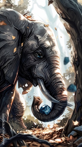 An elephant holding a blue crystal in its trunk in the middle of a forest with a bird on its back