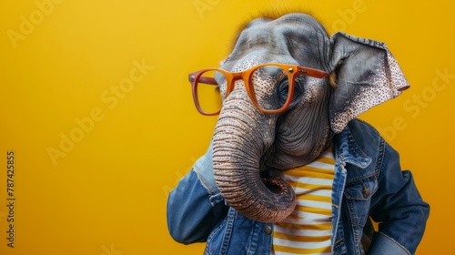Elephant with orange glasses and a denim jacket on a yellow background