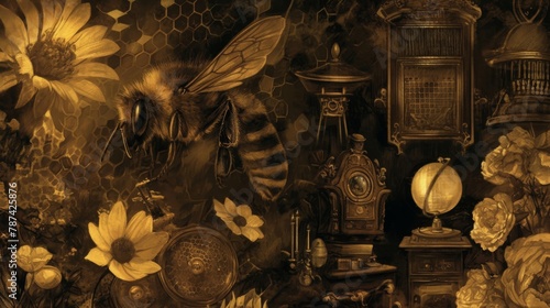 A honeybee tends to honeycombs up close, a detailed testament to the intricate workings of nature's ecosystem,Gothic horror settings photo
