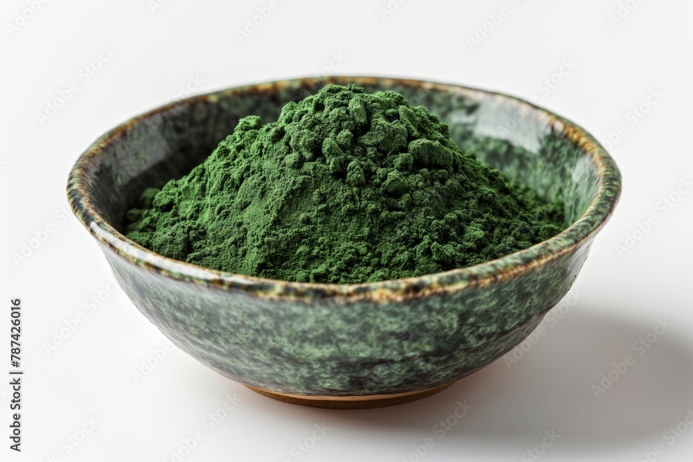 Vibrant green spirulina powder fills a rustic ceramic bowl on a white background Vibrant green spirulina powder fills a rustic ceramic bowl on a white background