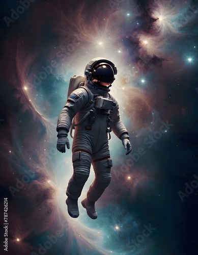 Astronaut elegantly floating amidst a breathtaking cosmic scenery, illuminated by distant stars and vibrant nebulas, symbolizing exploration and adventure, generated with AI.