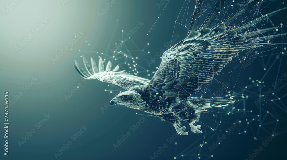 Digital wireframe eagle soaring with a neon glow on a blue background. Wildlife and freedom concept. Design for print, poster, and inspirational artwork - obrazy, fototapety, plakaty 