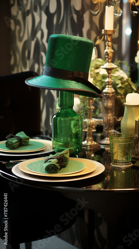 A lush green top hat adorning a glossy green table
