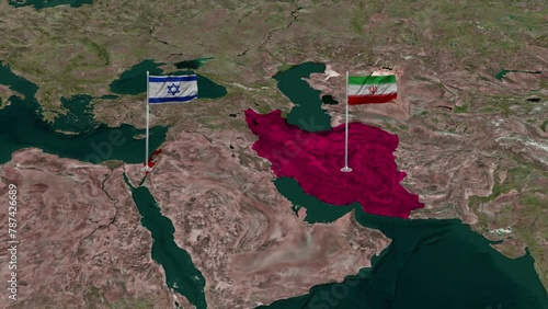 Map of Iran and Israel with their flags flying.Iran and Israel map and flag.