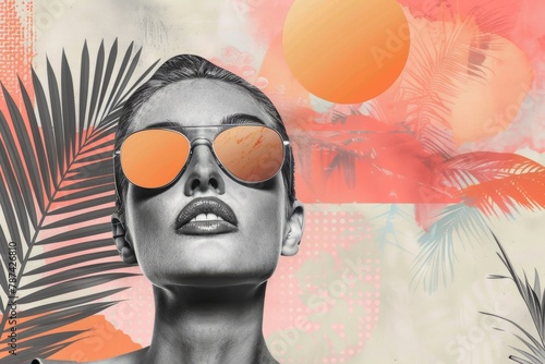 Bright summer tropical collage with a portrait of a woman and palm leaves photo