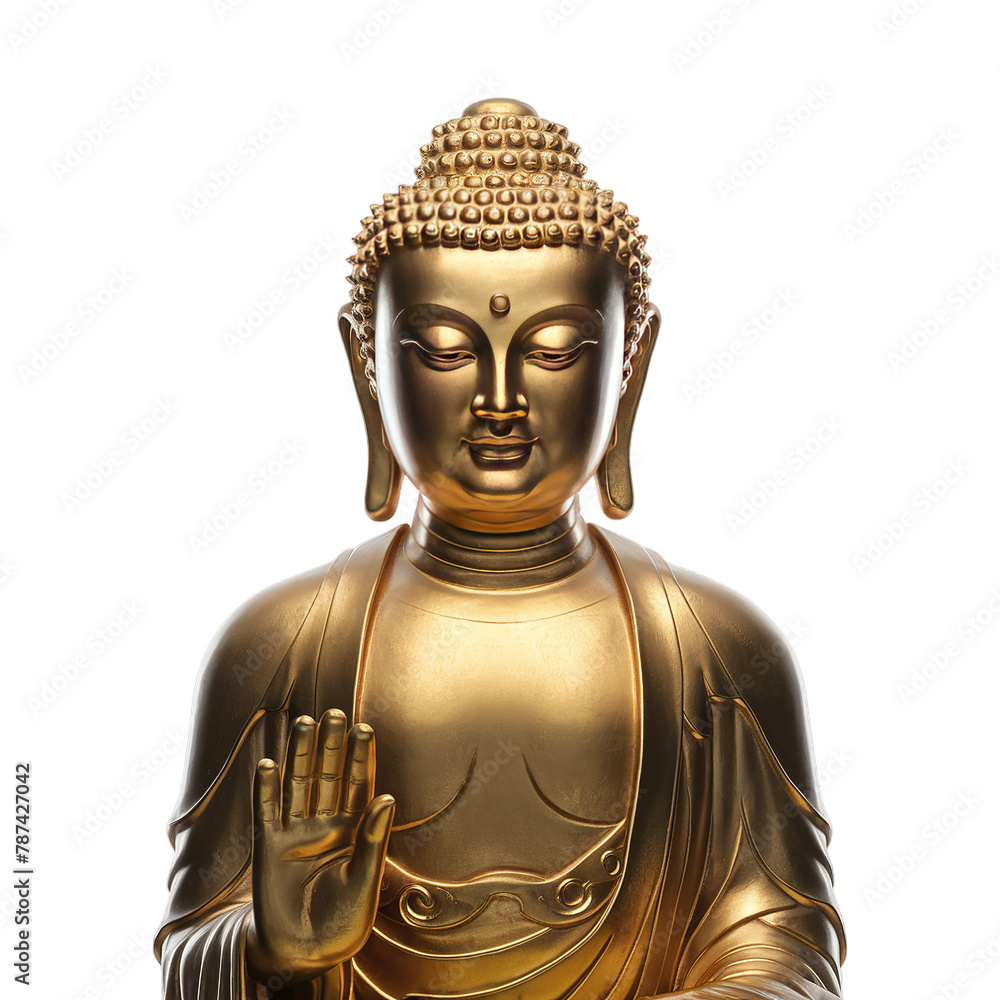A serene statue of Buddha made of a golden-hued material, with intricate details.