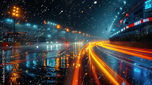 long exposure light streak racing at night in the rain