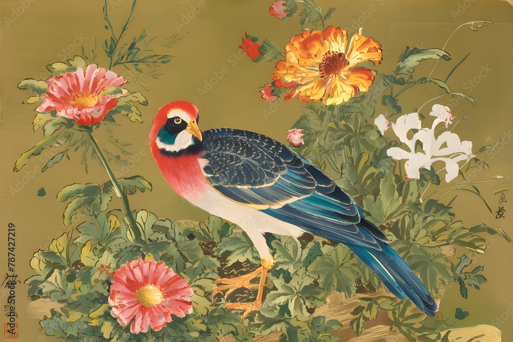 Fototapeta premium Vintage Japanese style painting depicting colorful bird amidst flowers