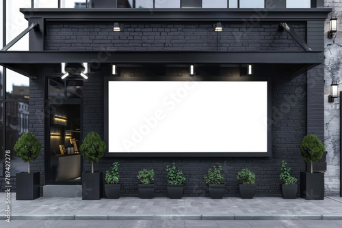 Modern café exterior in urban setting with stylish black brick walls and large blank billboard