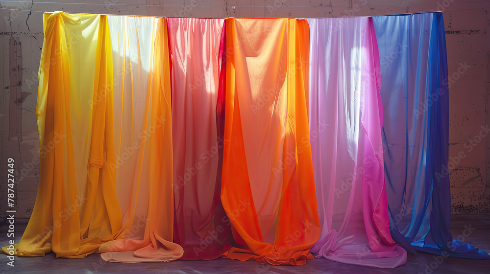 a studio shot of a Brightly colored clothes hanging to dry in the background