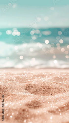 Abstract background, beach with golden sand in the background blue sea with bokeh, sunny day