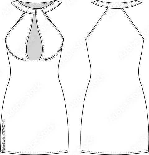 sleeveless grecian halter keyhole neck low-cut body-con short mini elastic dress template technical drawing flat sketch cad mockup fashion woman design style model
