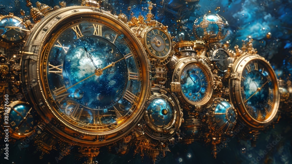 Clocks adrift, gracefully intertwining in an artistic expression of time's intricate and boundless nature. Perfect for philosophical themes,Caricatures in editorial style
