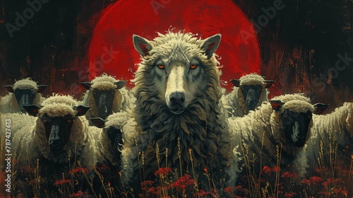 A wolf in sheep's clothing stands subtly among the flock, a striking visual metaphor of the well-known idiom against a pastoral scene,Vintage travel posters photo