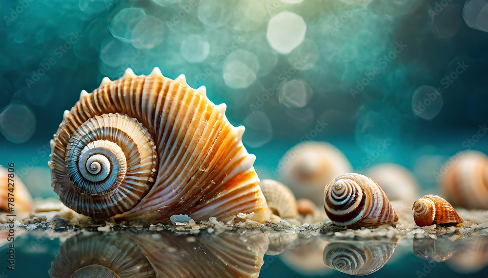 Close-up of beautiful sea shells. Blurred turquoise background. Summer vacation and travel Close-up of beautiful sea shells. Blurred turquoise background. Summer vacation and travel