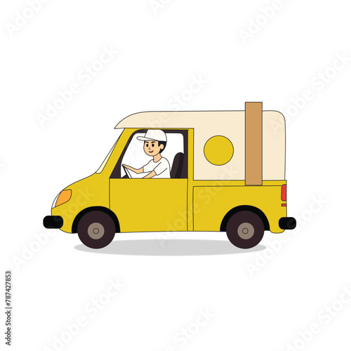 Food truck with street food. drinks in food truck, van. Cafe on wheels with retro cars. Fast food in trailer, small business. Flat vector illustration isolated on white background