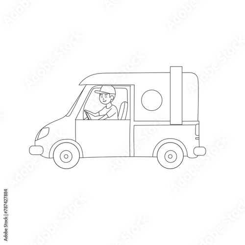 Food truck with street food. drinks in food truck, van. Cafe on wheels with retro cars. Fast food in trailer, small business. Flat vector illustration isolated on white background