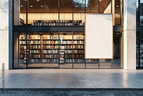 Modern bookstore exterior featuring large windows and a blank advertising billboard at twilight