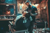 Barber is shampooing a client's hair with care in a chic and modern barber shop setting, reflecting a premium grooming experience
