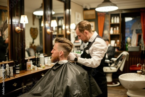 An attentive barber in black and white attire precisely styling the hair of a young client in a high-end vintage barbershop © GoodandEvil