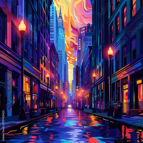 Tall buildings, empty streets, bright street lights, vibrant and dynamic city, minimalist style, vector format illustration with vibrant colors and dynamic composition