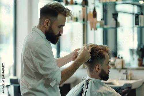 An attentive barber is providing a neat haircut in a bright and modern barbershop environment