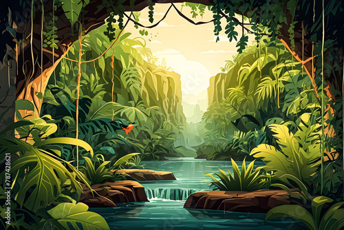 The jungle cave is hidden behind a curtain of vines vector art illustration image. 