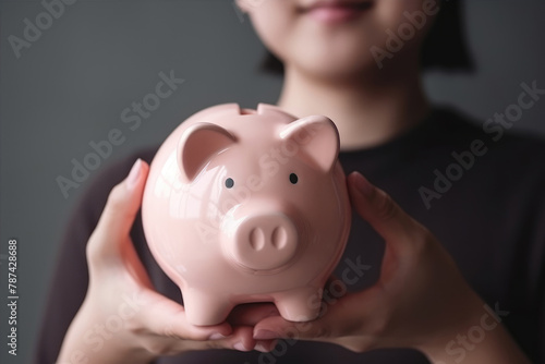 generated illustration woman holding piggy bank.