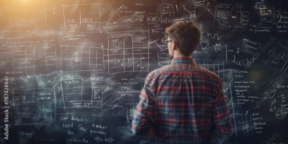 A thoughtful man stands before a blackboard filled with complex equations, indicating deep concentration and analysis - obrazy, fototapety, plakaty 