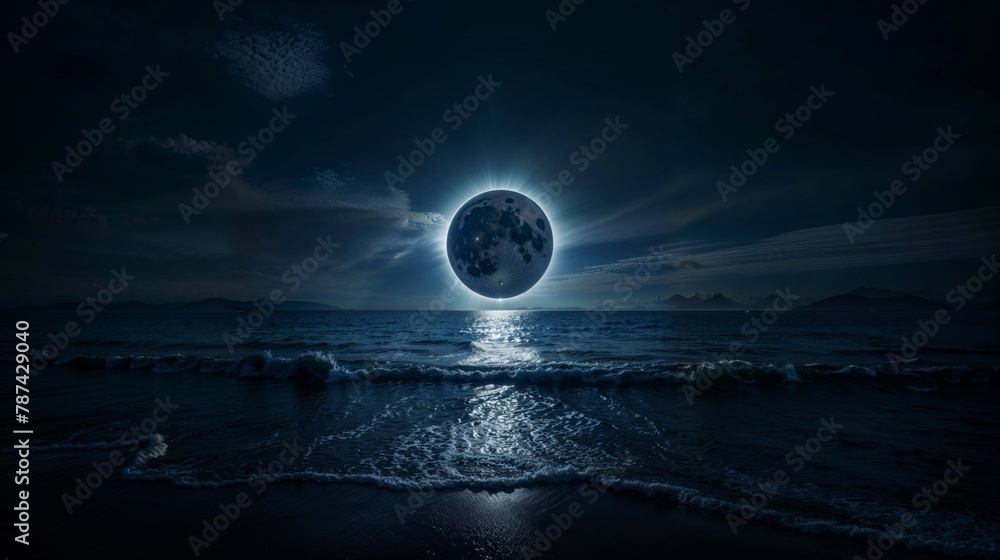 moon eclipse over calm ocean at night with glistening water reflection, mystic nocturnal landscape. - obrazy, fototapety, plakaty 