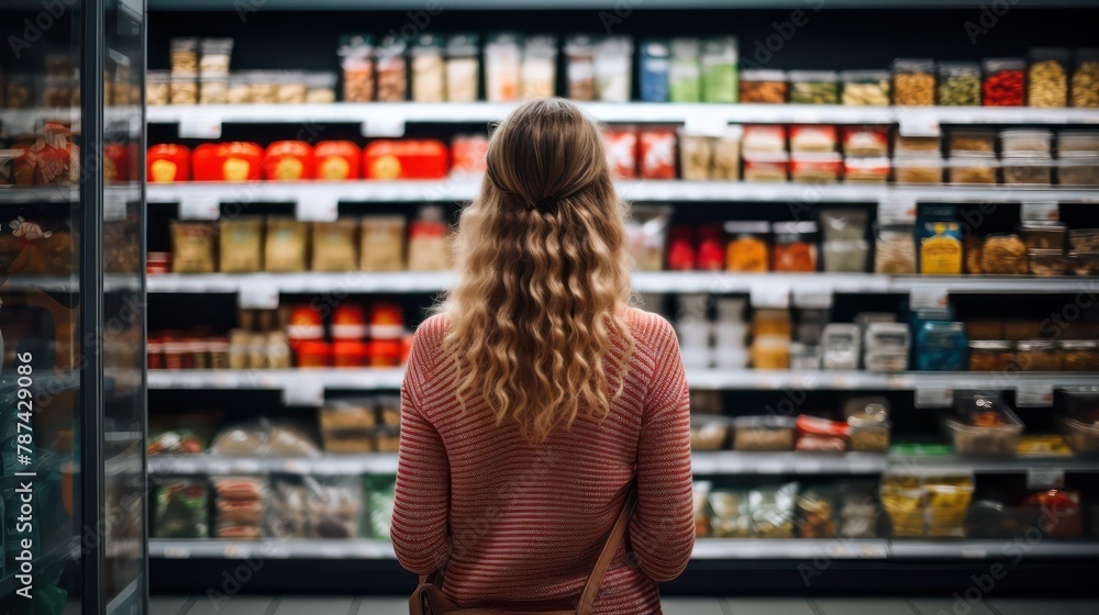 Rear view of woman standing in supermarket and looking at shelves with products