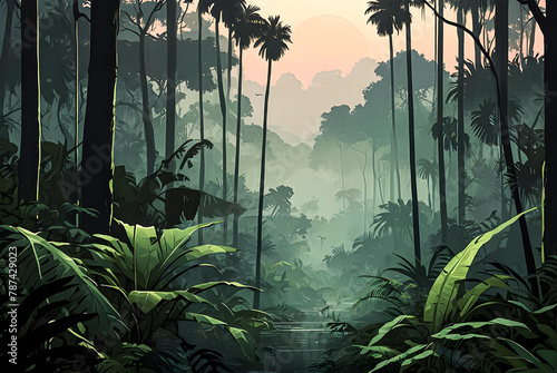Jungle mist drifting through the trees at dawn vector art illustration image.   © Ariyan