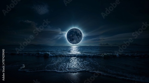 moon eclipse over calm ocean at night with glistening water reflection, mystic nocturnal landscape.