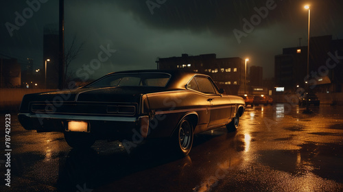 Vintage muscle car parked on the street at night. 80s styled synthwave retro scene with powerful drive in evening.