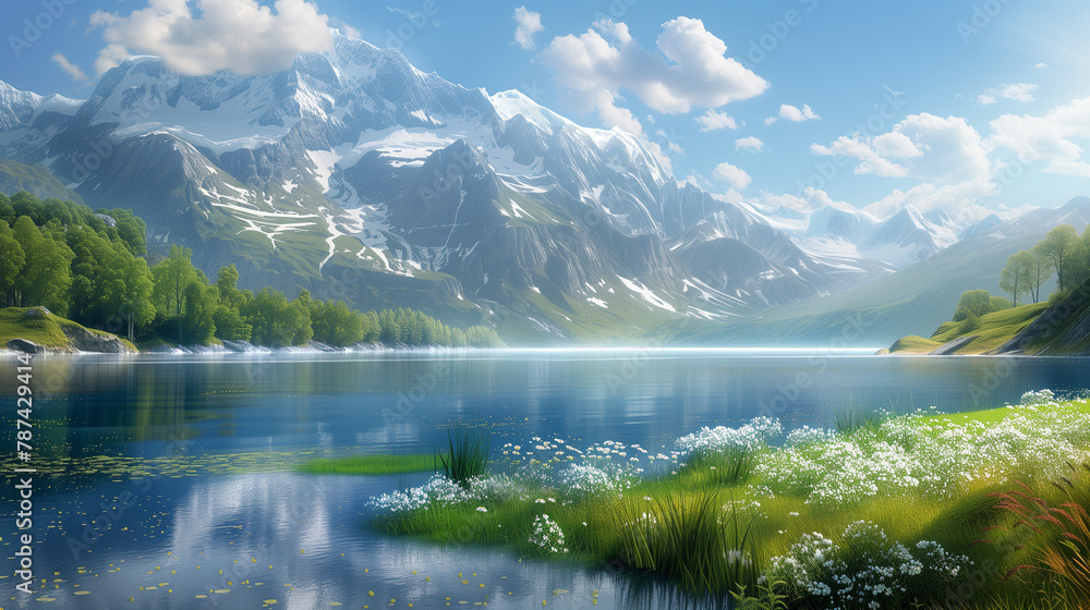 Landscape mountain in morning light reflected in calm waters of lake, beautiful wallpaper.