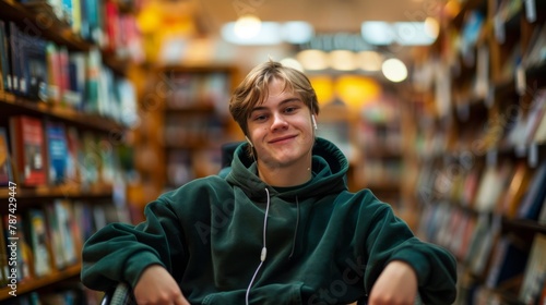 Smiling Teenager in Library Setting