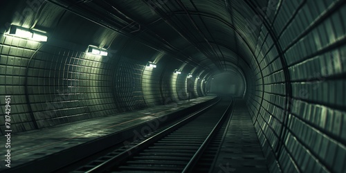 Fototapeta Naklejka Na Ścianę i Meble -  A vacant subway tunnel with lights casting shadows, creating a mystery of what lies ahead