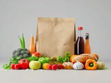 A brown paper bag filled with fruits and vegetables. The bag is placed on a table with a variety of produce, including apples, oranges, and broccoli. There are also bottles of juice and bread nearby.