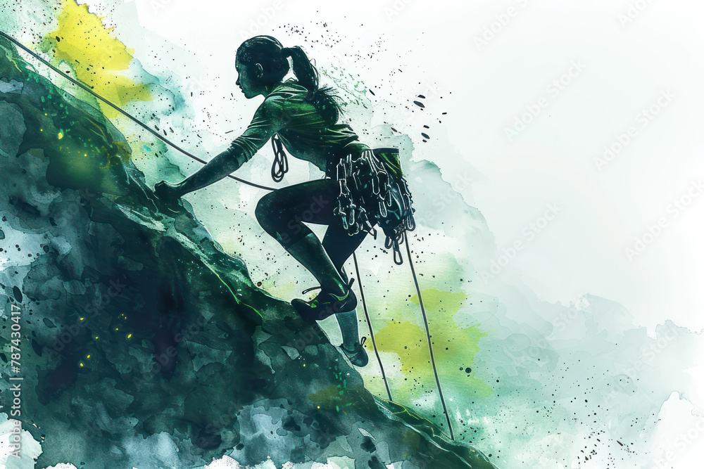 Naklejka premium Green watercolor painting of female professional rock climber, practice