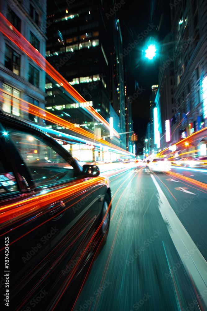 A car speeds through the city at night, capturing the essence of urban life in motion