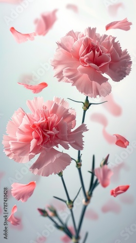 Soft pink carnation in full bloom against a pale blue background