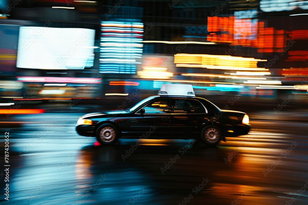 A car speeds through the city at night, capturing the essence of urban life in motion