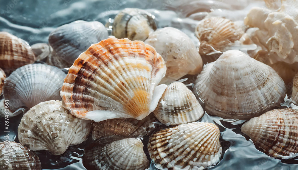 Close-up of beautiful sea shells in the water. Summer vacation and travel