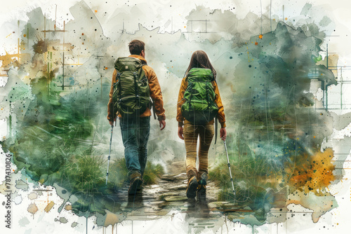 Green watercolor painting of a couple hiking in forest, adventure