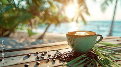 cup of delicious cappuccino on the wooden table next to the beach with green palm trees