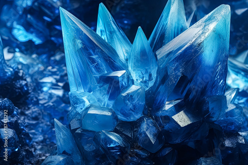 A blue crystal formation with a rocky base.